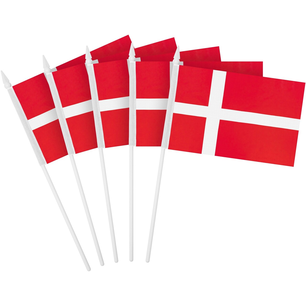 G128 24 Pack Handheld Denmark Danish Stick Flags | 4x6 In | Printed 150D Polyester, Country Flag, Solid Plastic Stick, Spear White Tip